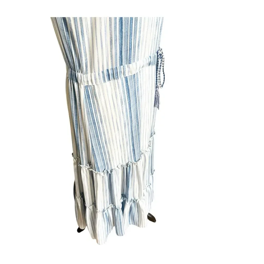 MISA Los Angeles Medium Aleja Stripe Print Linen Midi Dress White Blue Tassel